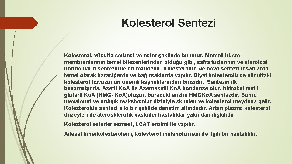 Kolesterol Sentezi Kolesterol, vücutta serbest ve ester şeklinde bulunur. Memeli hücre membranlarının temel bileşenlerinden