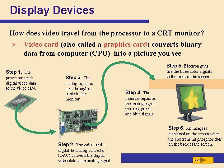 Display Devices How does video travel from the processor to a CRT monitor? Ø
