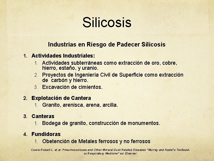 Silicosis Industrias en Riesgo de Padecer Silicosis 1. Actividades Industriales: 1. Actividades subterráneas como