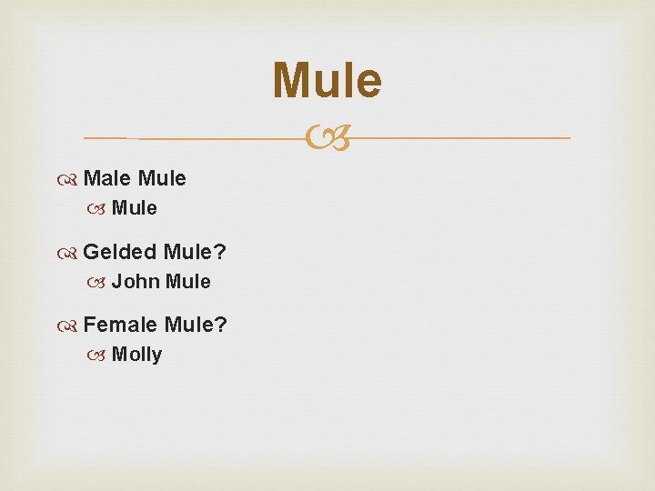 Mule Male Mule Gelded Mule? John Mule Female Mule? Molly 