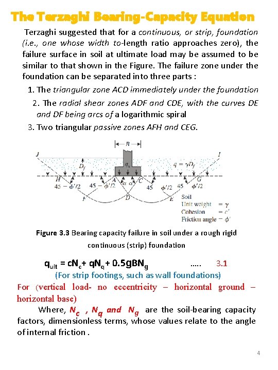 The Terzaghi Bearing-Capacity Equation Terzaghi suggested that for a continuous, or strip, foundation (i.