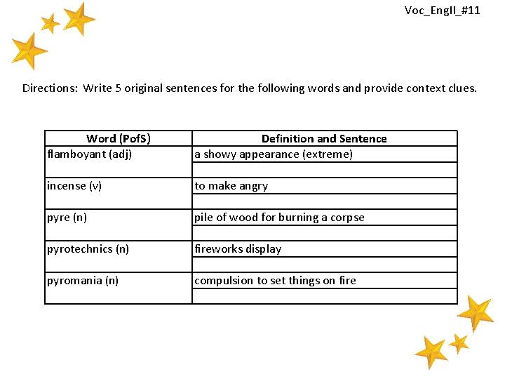 Voc_Eng. II_#11 Directions: Write 5 original sentences for the following words and provide context