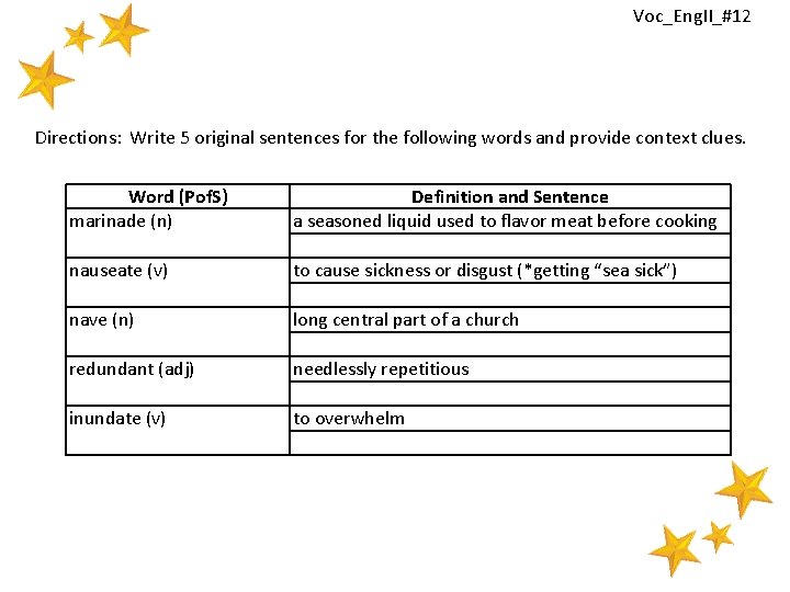 Voc_Eng. II_#12 Directions: Write 5 original sentences for the following words and provide context