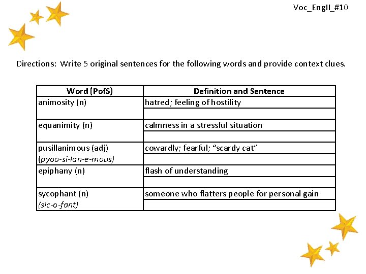 Voc_Eng. II_#10 Directions: Write 5 original sentences for the following words and provide context