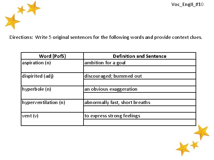 Voc_Eng. II_#10 Directions: Write 5 original sentences for the following words and provide context