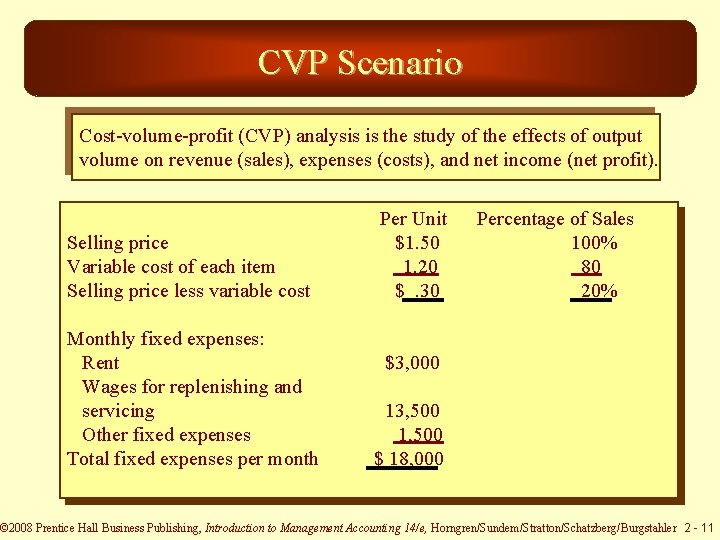 CVP Scenario Cost-volume-profit (CVP) analysis is the study of the effects of output volume