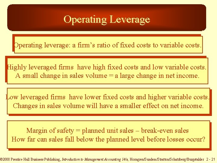 Operating Leverage Operating leverage: a firm’s ratio of fixed costs to variable costs. Highly