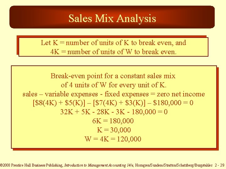 Sales Mix Analysis Let K = number of units of K to break even,