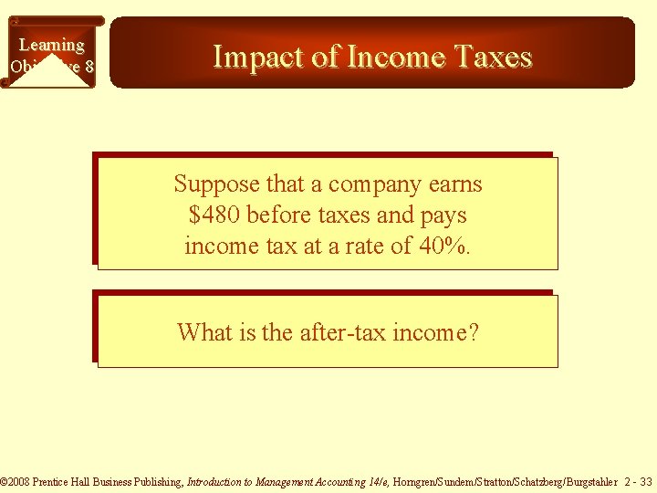 Learning Objective 8 Impact of Income Taxes Suppose that a company earns $480 before