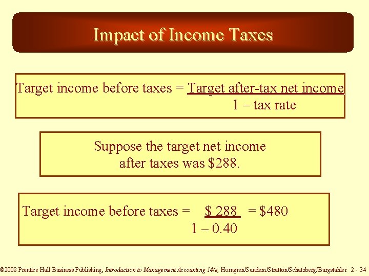 Impact of Income Taxes Target income before taxes = Target after-tax net income 1