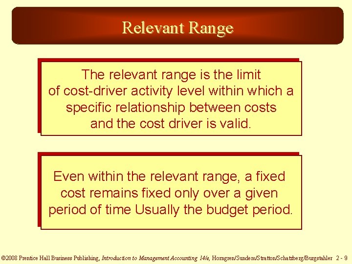 Relevant Range The relevant range is the limit of cost-driver activity level within which