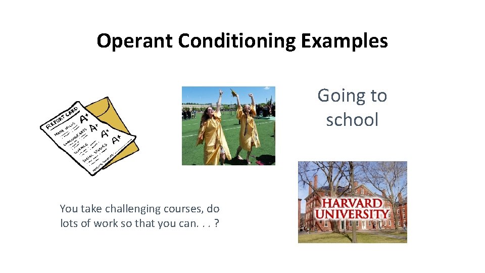 Operant Conditioning Examples Going to school You take challenging courses, do lots of work
