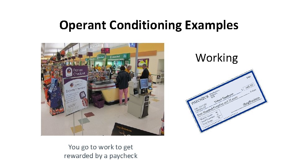 Operant Conditioning Examples Working You go to work to get rewarded by a paycheck