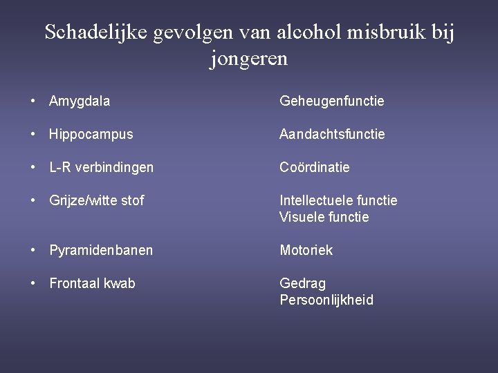 Schadelijke gevolgen van alcohol misbruik bij jongeren • Amygdala Geheugenfunctie • Hippocampus Aandachtsfunctie •