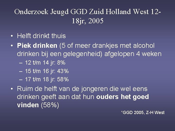 Onderzoek Jeugd GGD Zuid Holland West 1218 jr, 2005 • Helft drinkt thuis •