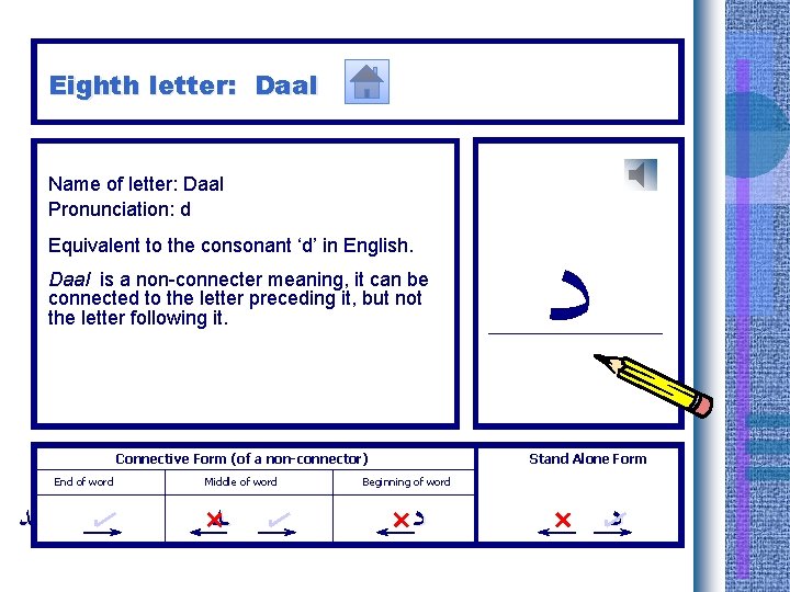 Eighth letter: Daal Name of letter: Daal Pronunciation: d Equivalent to the consonant ‘d’