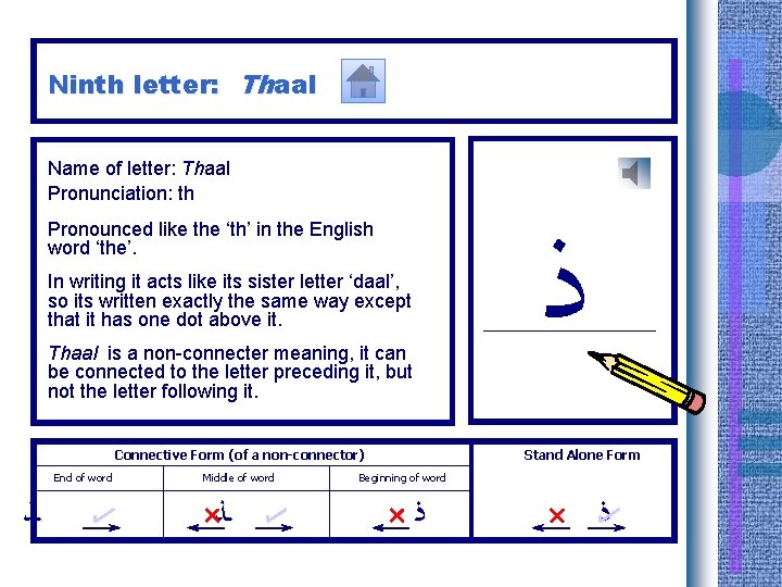 Ninth letter: Thaal Name of letter: Thaal Pronunciation: th ﺫ Pronounced like the ‘th’