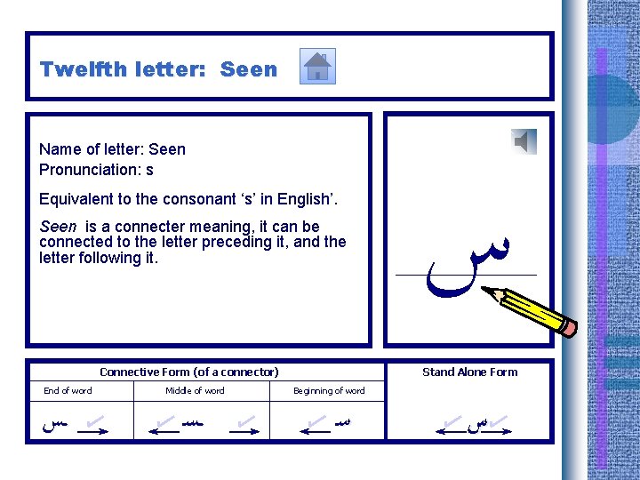 Twelfth letter: Seen Name of letter: Seen Pronunciation: s Equivalent to the consonant ‘s’