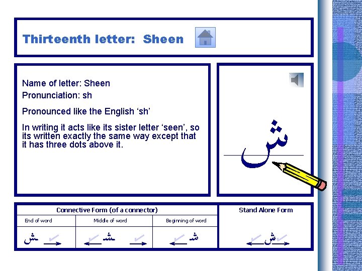 Thirteenth letter: Sheen Name of letter: Sheen Pronunciation: sh Pronounced like the English ‘sh’