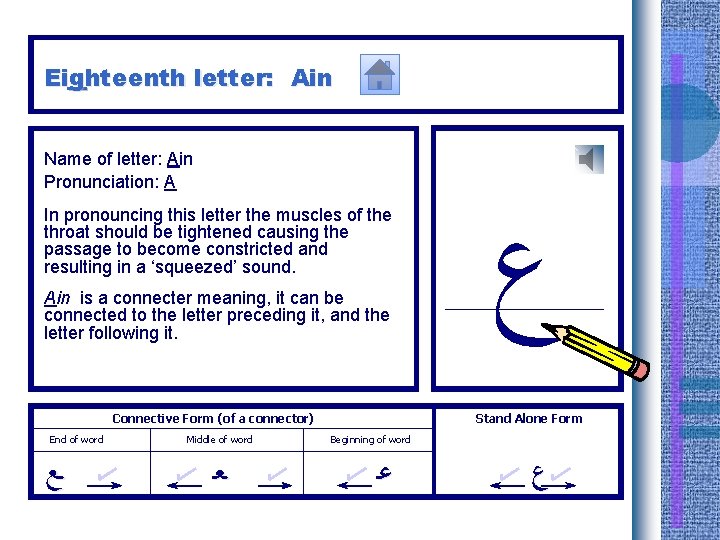 Eighteenth letter: Ain Name of letter: Ain Pronunciation: A In pronouncing this letter the