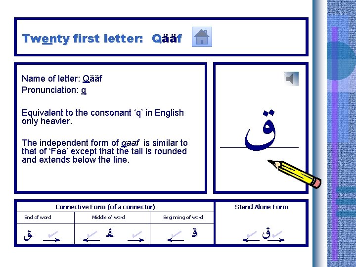 Twenty first letter: Qääf Name of letter: Qääf Pronunciation: q ﻕ Equivalent to the