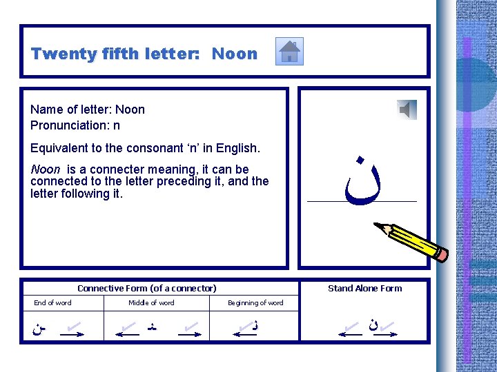 Twenty fifth letter: Noon Name of letter: Noon Pronunciation: n Equivalent to the consonant