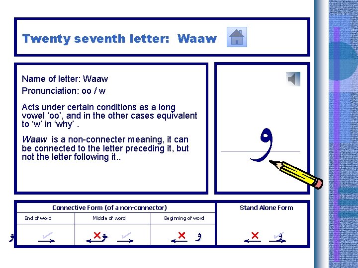 Twenty seventh letter: Waaw Name of letter: Waaw Pronunciation: oo / w Acts under