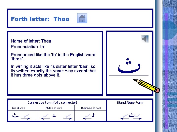 Forth letter: Thaa Name of letter: Thaa Pronunciation: th Pronounced like the ‘th’ in