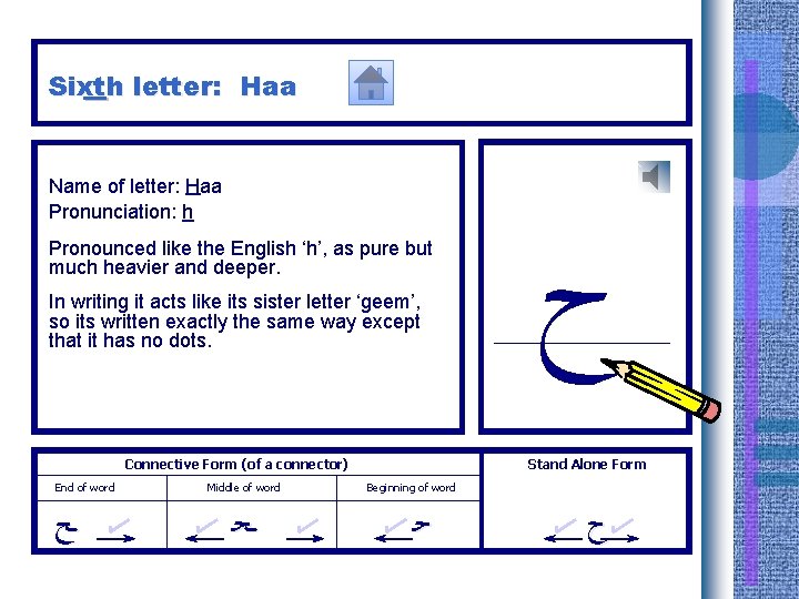 Sixth letter: Haa Name of letter: Haa Pronunciation: h Pronounced like the English ‘h’,