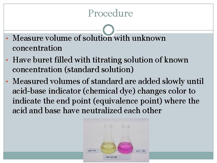 Procedure • Measure volume of solution with unknown concentration • Have buret filled with