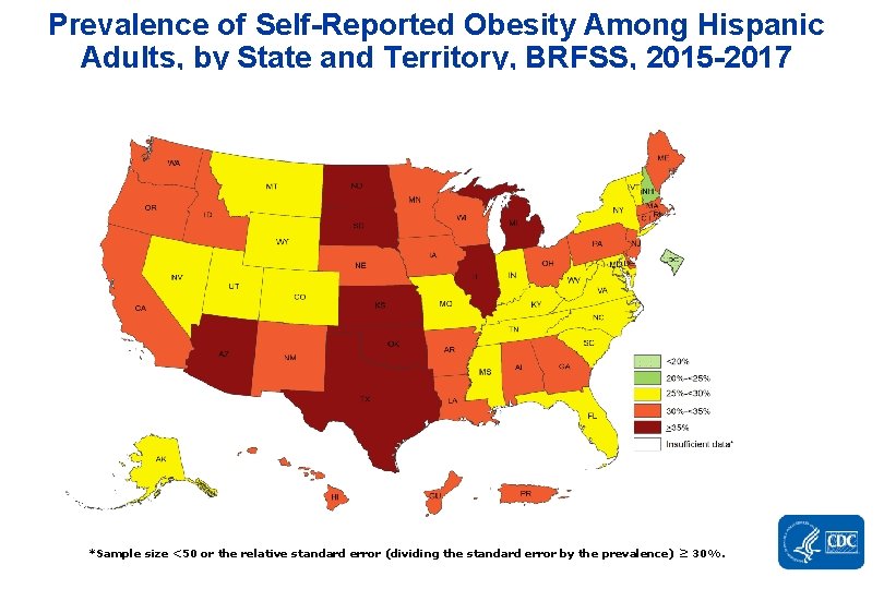 Prevalence of Self-Reported Obesity Among Hispanic Adults, by State and Territory, BRFSS, 2015 -2017