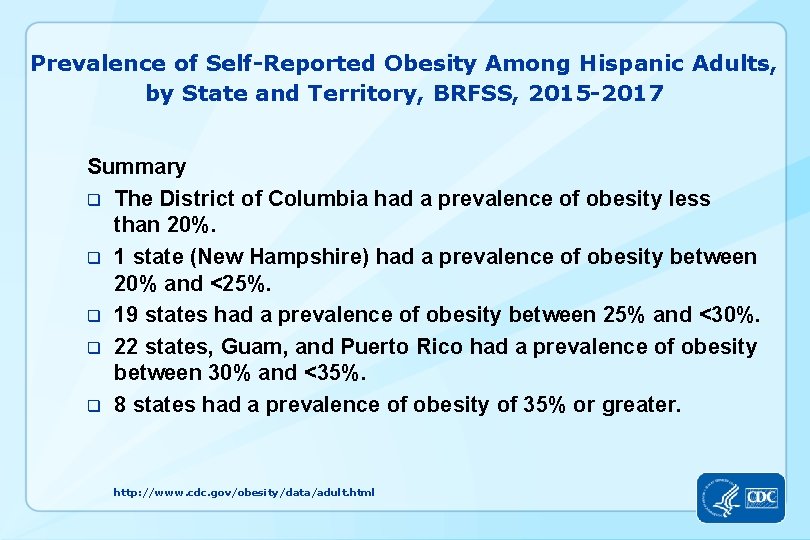Prevalence of Self-Reported Obesity Among Hispanic Adults, by State and Territory, BRFSS, 2015 -2017