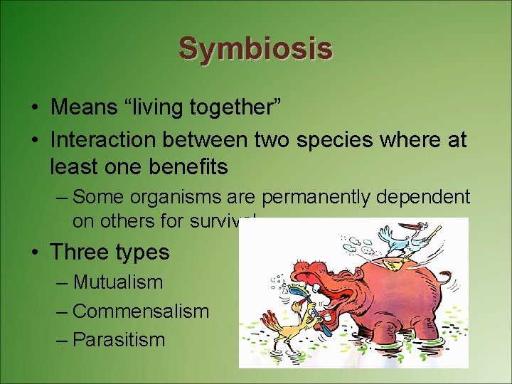 Symbiosis • Means “living together” • Interaction between two species where at least one