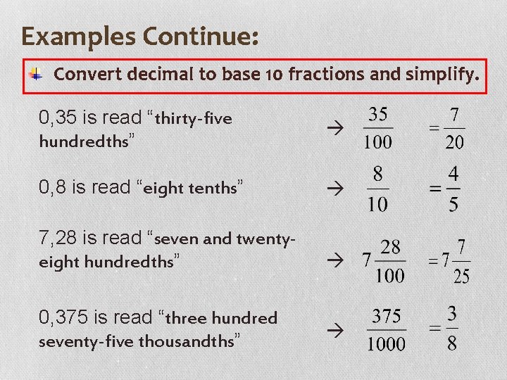 Examples Continue: Convert decimal to base 10 fractions and simplify. 0, 35 is read