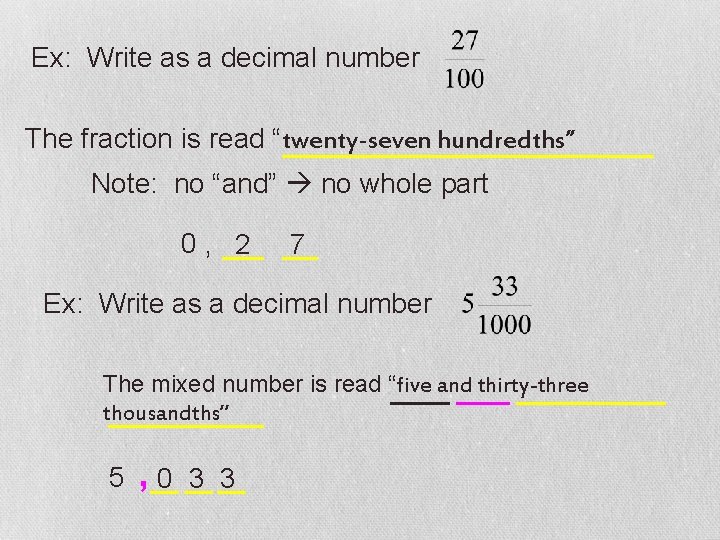 Ex: Write as a decimal number The fraction is read “twenty-seven hundredths” Note: no