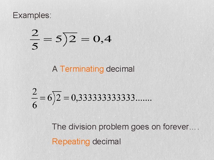 Examples: A Terminating decimal The division problem goes on forever…. Repeating decimal 