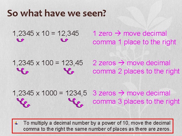 So what have we seen? 1, 2345 x 10 = 12, 345 1 zero