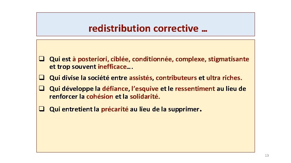 redistribution corrective … q Qui est à posteriori, ciblée, conditionnée, complexe, stigmatisante et trop