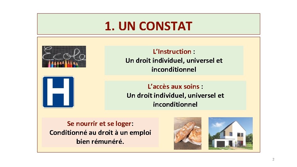 1. UN CONSTAT L’Instruction : Un droit individuel, universel et inconditionnel L’accès aux soins
