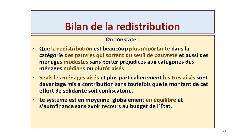 Bilan de la redistribution On constate : • Que la redistribution est beaucoup plus