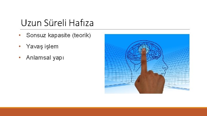 Uzun Süreli Hafıza • Sonsuz kapasite (teorik) • Yavaş işlem • Anlamsal yapı 