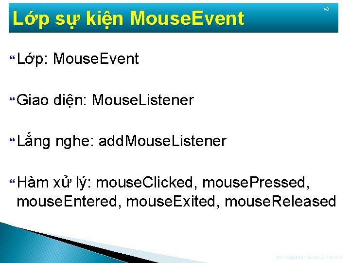 Lớp sự kiện Mouse. Event Lớp: Mouse. Event Giao diện: Mouse. Listener Lắng nghe: Lớp sự kiện Mouse. Event Lớp: Mouse. Event Giao diện: Mouse. Listener Lắng nghe: