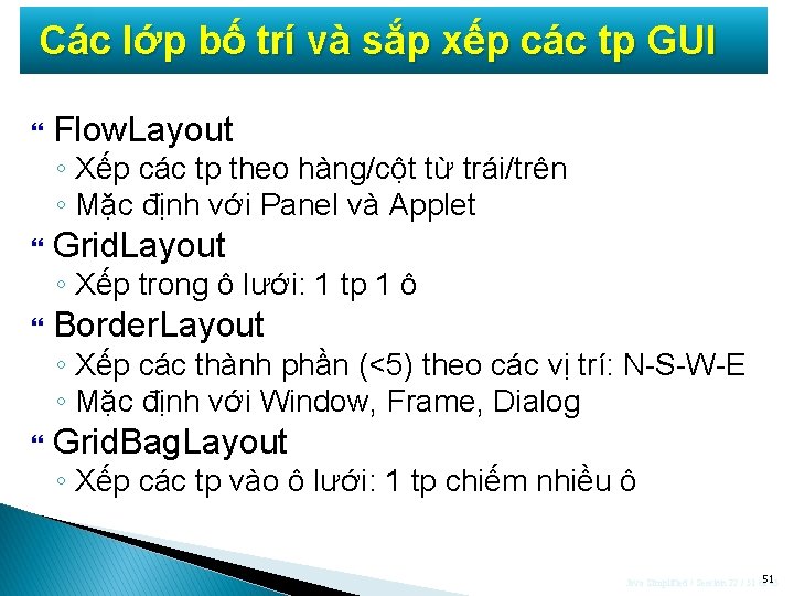 Các lớp bố trí và sắp xếp các tp GUI Flow. Layout ◦ Xếp Các lớp bố trí và sắp xếp các tp GUI Flow. Layout ◦ Xếp