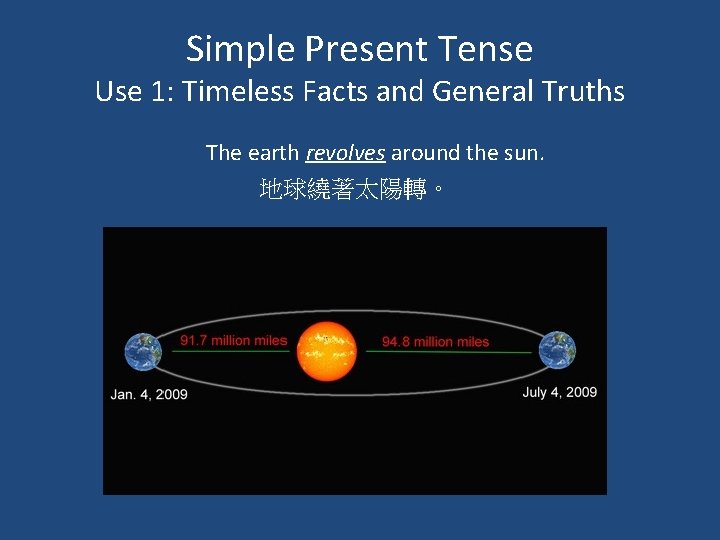 Simple Present Tense Use 1: Timeless Facts and General Truths The earth revolves around Simple Present Tense Use 1: Timeless Facts and General Truths The earth revolves around