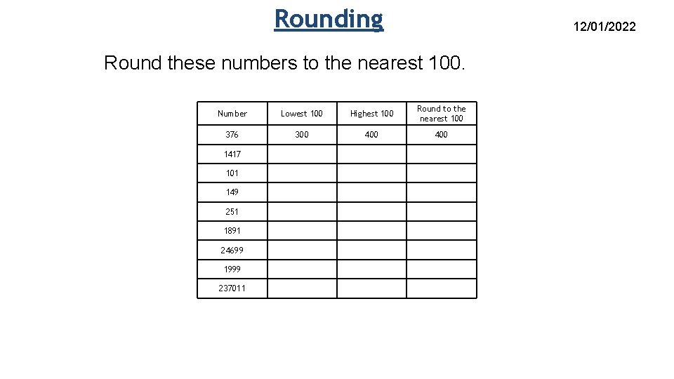 Rounding 12/01/2022 Round these numbers to the nearest 100. Number Lowest 100 Highest 100