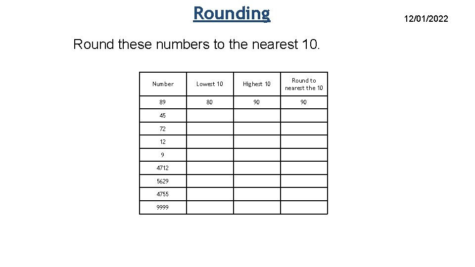 Rounding 12/01/2022 Round these numbers to the nearest 10. Number Lowest 10 Highest 10