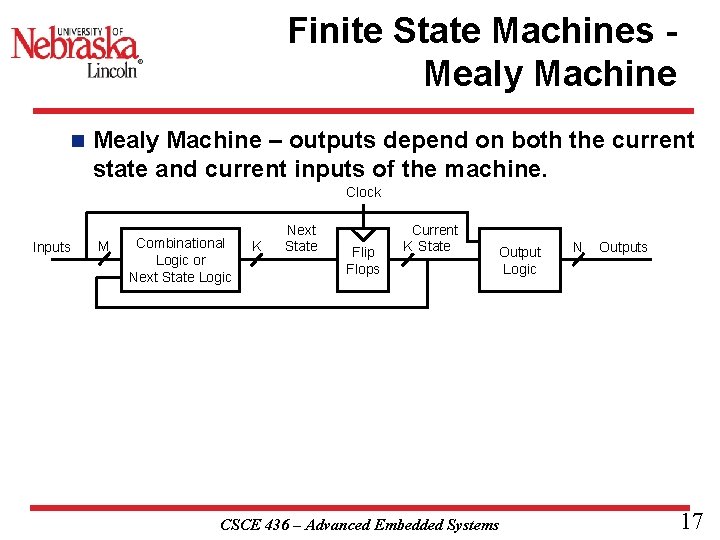 Finite State Machines Mealy Machine n Mealy Machine – outputs depend on both the