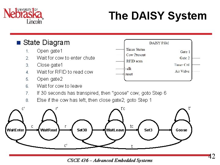 The DAISY System n State Diagram Open gate 1 Wait for cow to enter