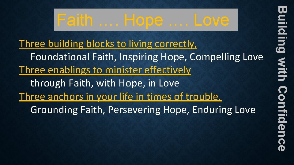 Three building blocks to living correctly, Foundational Faith, Inspiring Hope, Compelling Love Three enablings