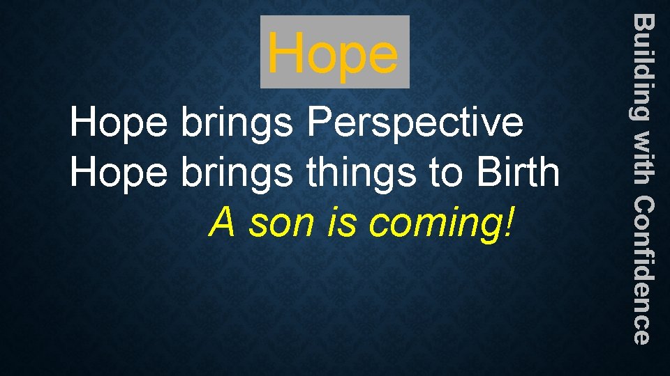 Hope brings Perspective Hope brings things to Birth A son is coming! Building with